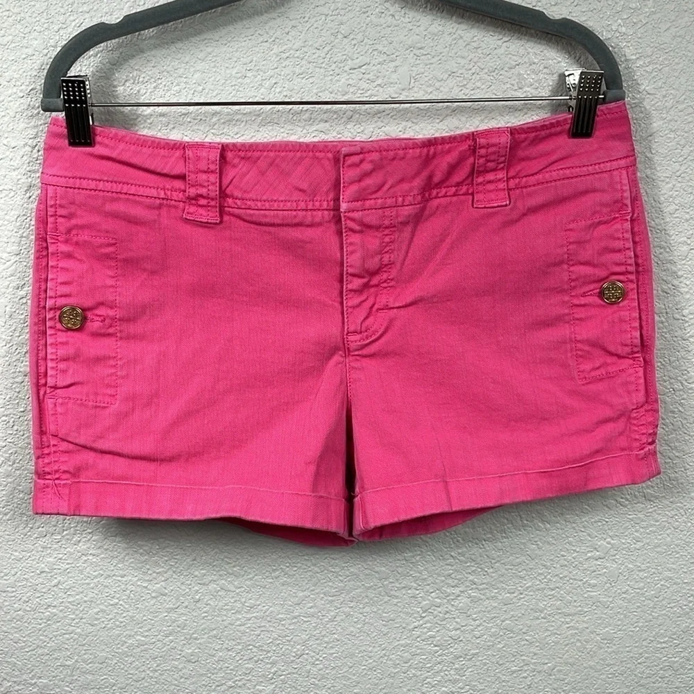 Tory Burch Mid Rise Cuffed Chino Jean Shorts Pink Gold Tone Medallion Buttons 30